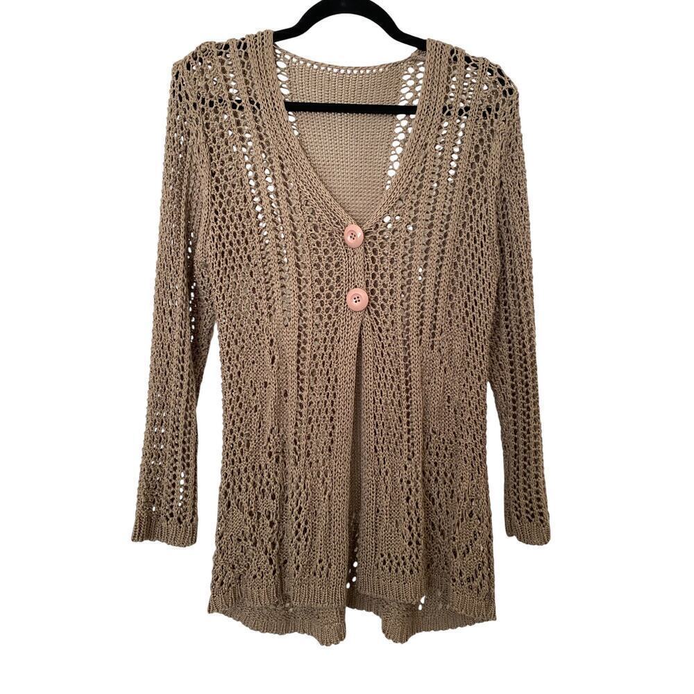 Vintage Brown Crochet Knit Long Sleeve Cardigan with Buttons- Size Medium/Large